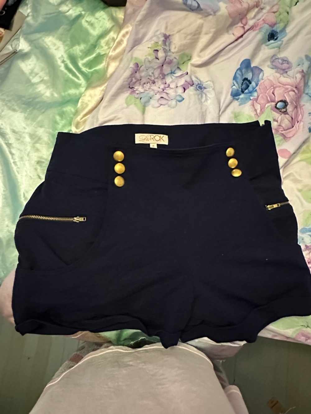 LaRok Navy High-Waist Shorts with Gold Button Accents